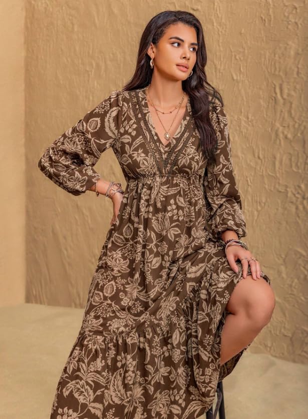 Image of Dress for Women ||Bohemian Brown Print Casual Comfortable Women's Long Sleeve Maxi Dress|| Popular Autumn Apparel Fashion (D-03-05)