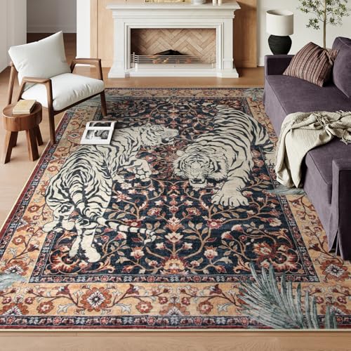 Moynesa Tiger Washable Area Rugs 8x10, Large Boho Rugs for Living Room, Vintage Non Slip Dining Room Rugs for Under Table, Ultra Thin Soft Floor Carpet for Office Bedroom, Puce Red