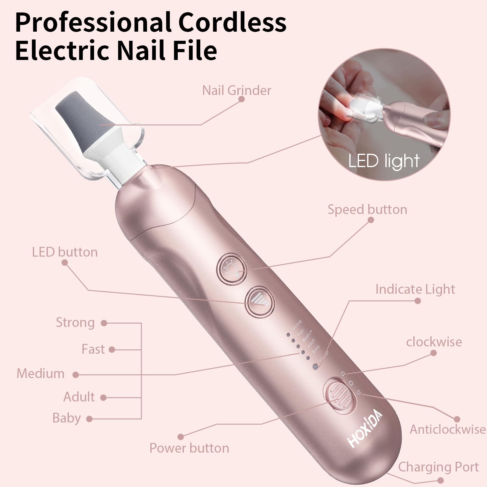 Kit de manicura y pedicura profesional con estuche, juego de limas eléctricas inalámbricas, herramientas de pedicura recargables para pies, 5 velocidades, cuidado de manos y pies, taladro de uñas para