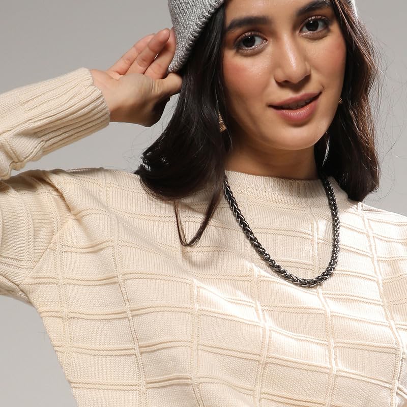 Image of PINACOLADA Women's Geometric-Textured Pullover Sweater for Casual Wear | Crew Neck | Long Sleeves | Pull On Closure | Sweater Crafted with Comfort Fit for Everyday Wear