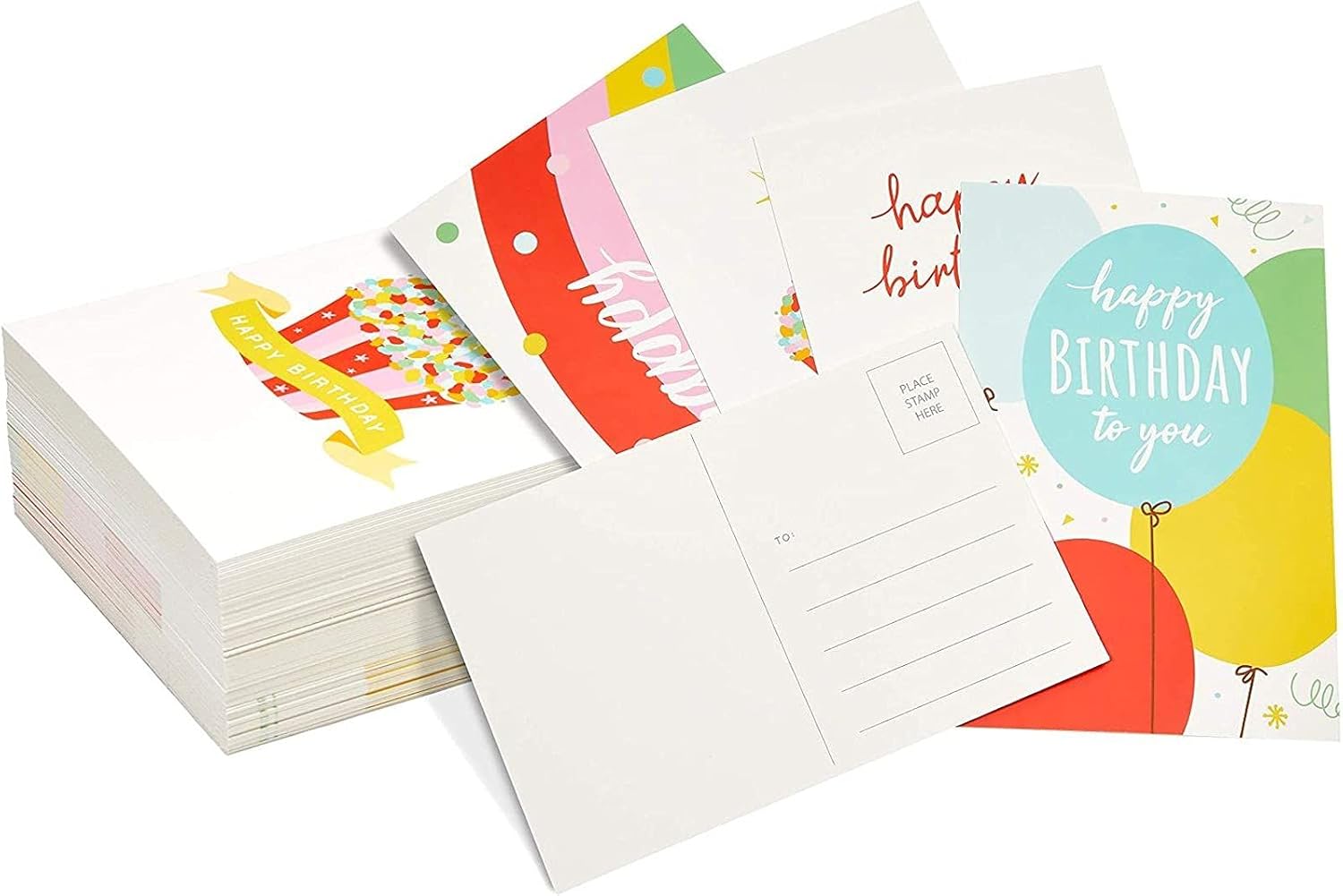 Happy Birthday Postcards Bulk Set with 4 Designs (4 x 6 Inches 100 Pack