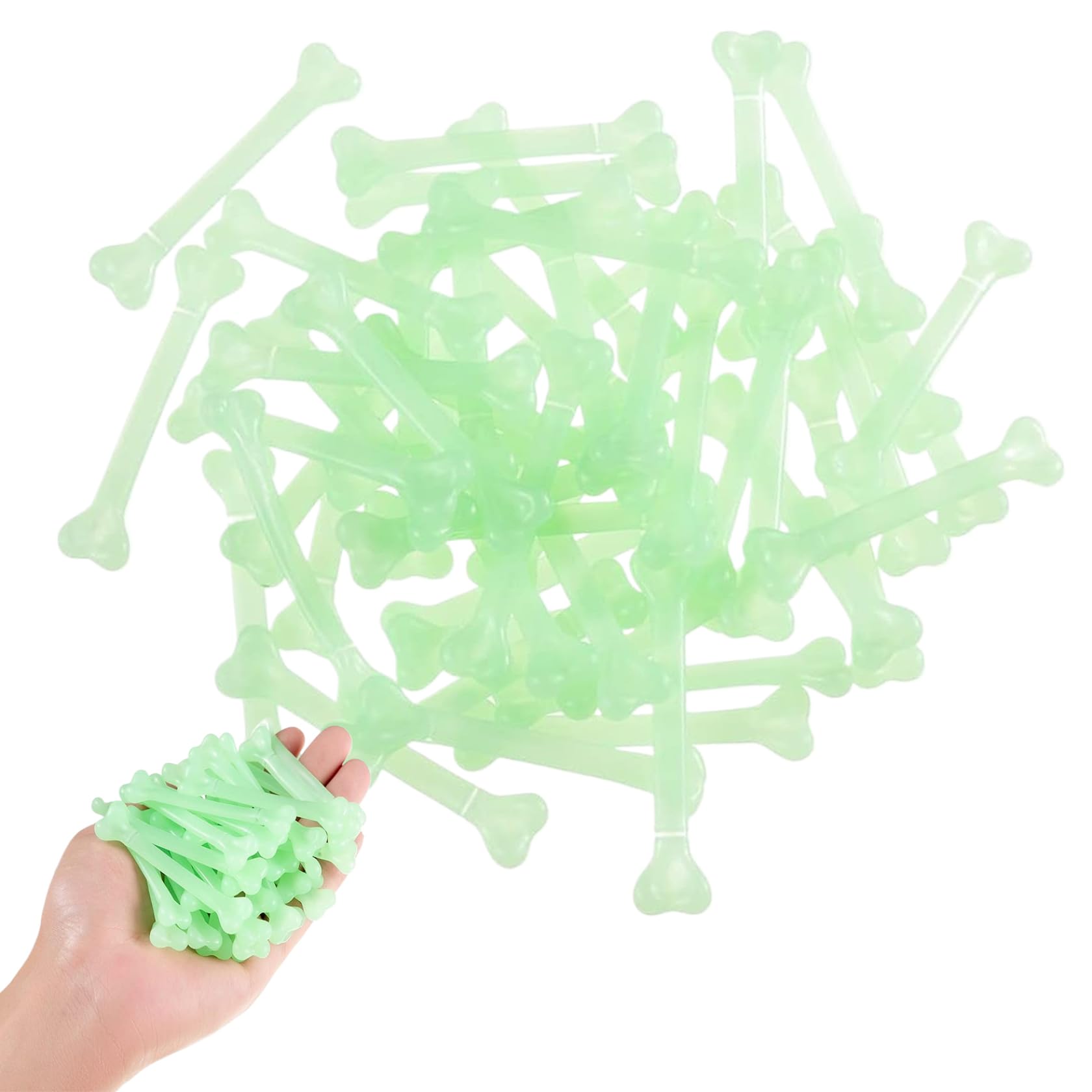 Halloween Bones, 50PCS Glow in Dark Plastic Bones, Mini Skeleton with Hole, DIY Halloween Skeleton for, Caveman, Stage Performance, Haunted House, Green