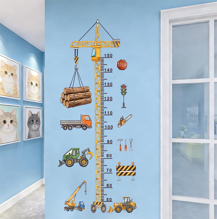 Cartoon Car Height Growth Chart for Kids Removable Measure Wall Ruler for Children Nursery Wall Sticker Baby Bedroom Toddler Living Room Playroom Decal (Engineering Vehicle)