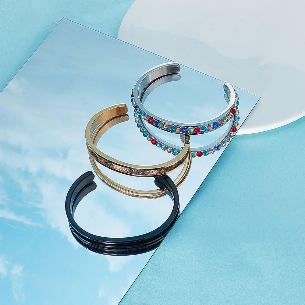 UNICRAFTALE 3pcs 3 Color Hair Tie Bracelet 4mm Inner Stainless Steel Grooved Bangles Open Cuff Bangle Metal Empty Bangles Gemstone Leather Inlay Bracelet with Velvet Pouches for Women s Gift