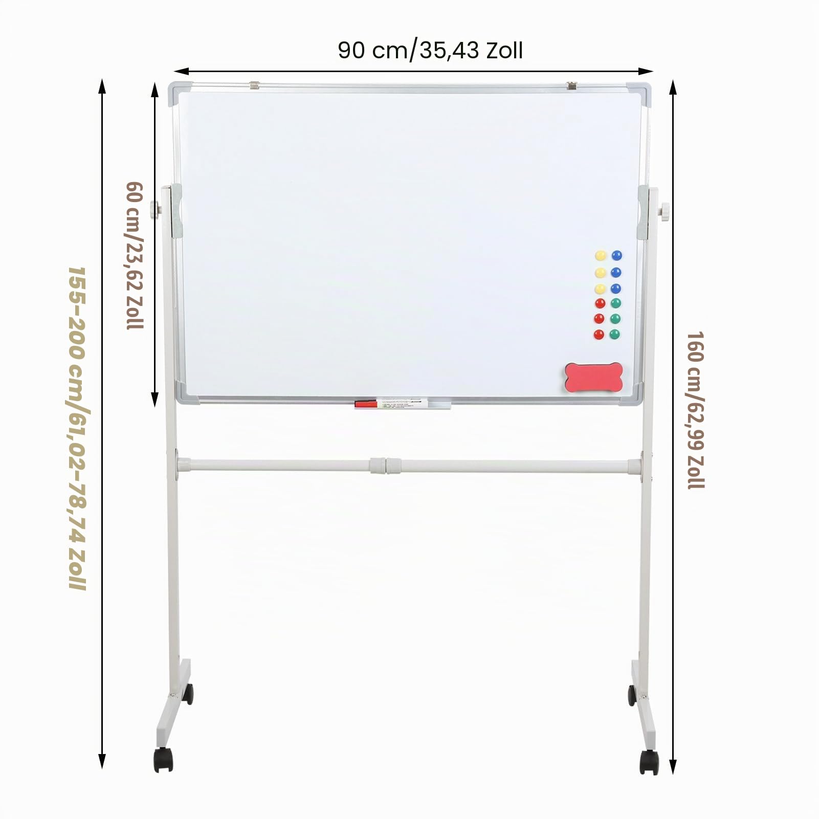 Doppelseitiges mobiles Whiteboard mit Ständer, Roll-Whiteboard mit Rollen, magnetisches, trocken abwischbares Whiteboard für Klassenzimmer, Büro, mit 5 Markern, 12 magnetischen Nägeln und 1