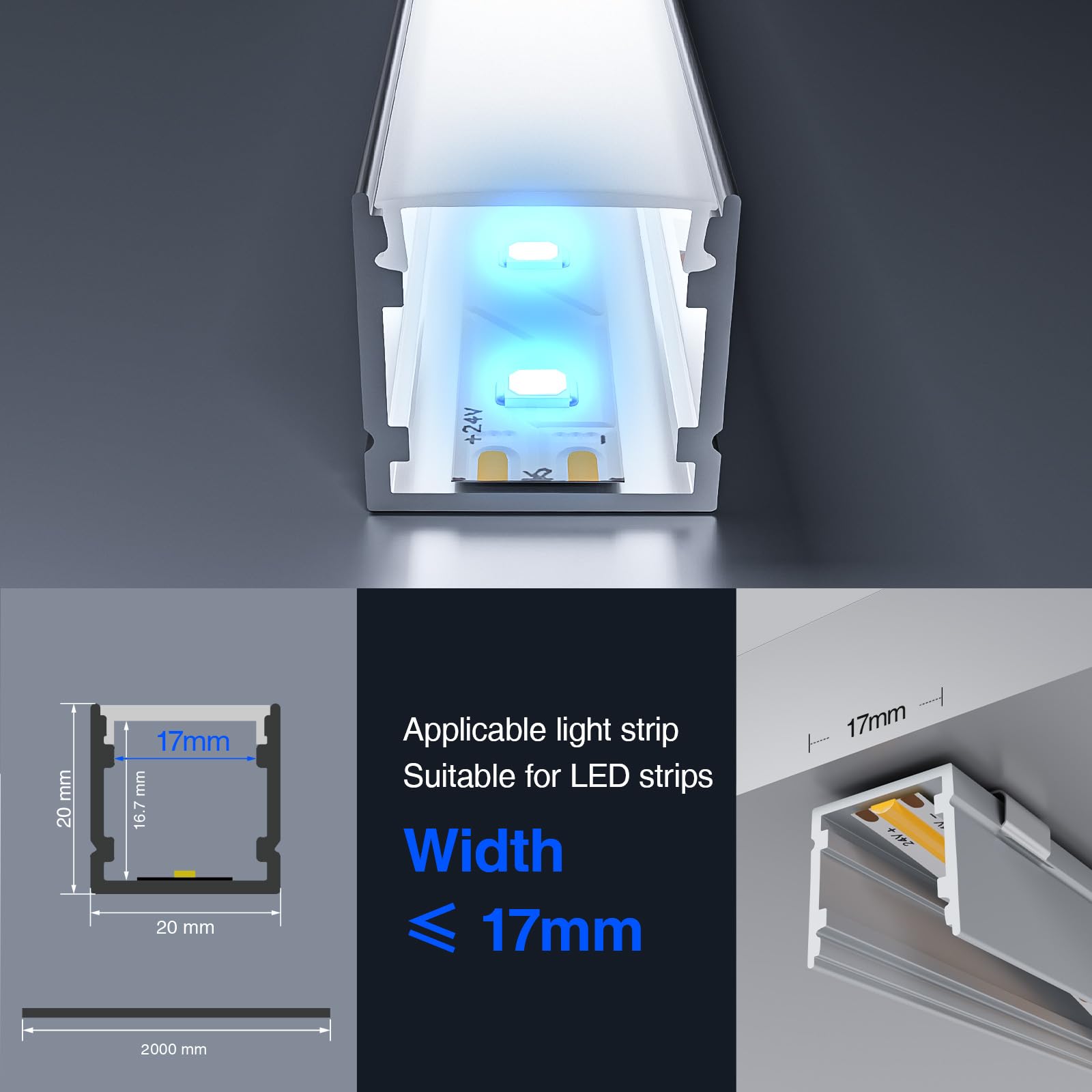 Perfil de aluminio LED 10 x 2 m (20 m) para montaje en superficie para tiras LED de hasta 15 mm con tapa de PC blanca con leche y puntas