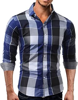 TUDUZ Shirt Men's Classic Plaid Shirt Business Checked Casual Dress Turn Down Collar Button Down Suit British Stylish UK(Bust)-40/CN-2XL Blue