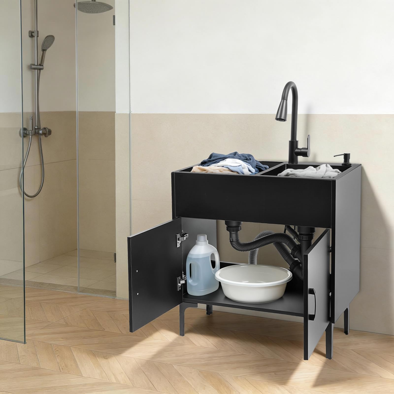 Armario de cocina negro de 75 x 41 cm con doble lavabo y grifo extraíble, fregadero de cocina independiente con escurridor y sifón, juego completo para cocina, cuarto de lavado, color negro