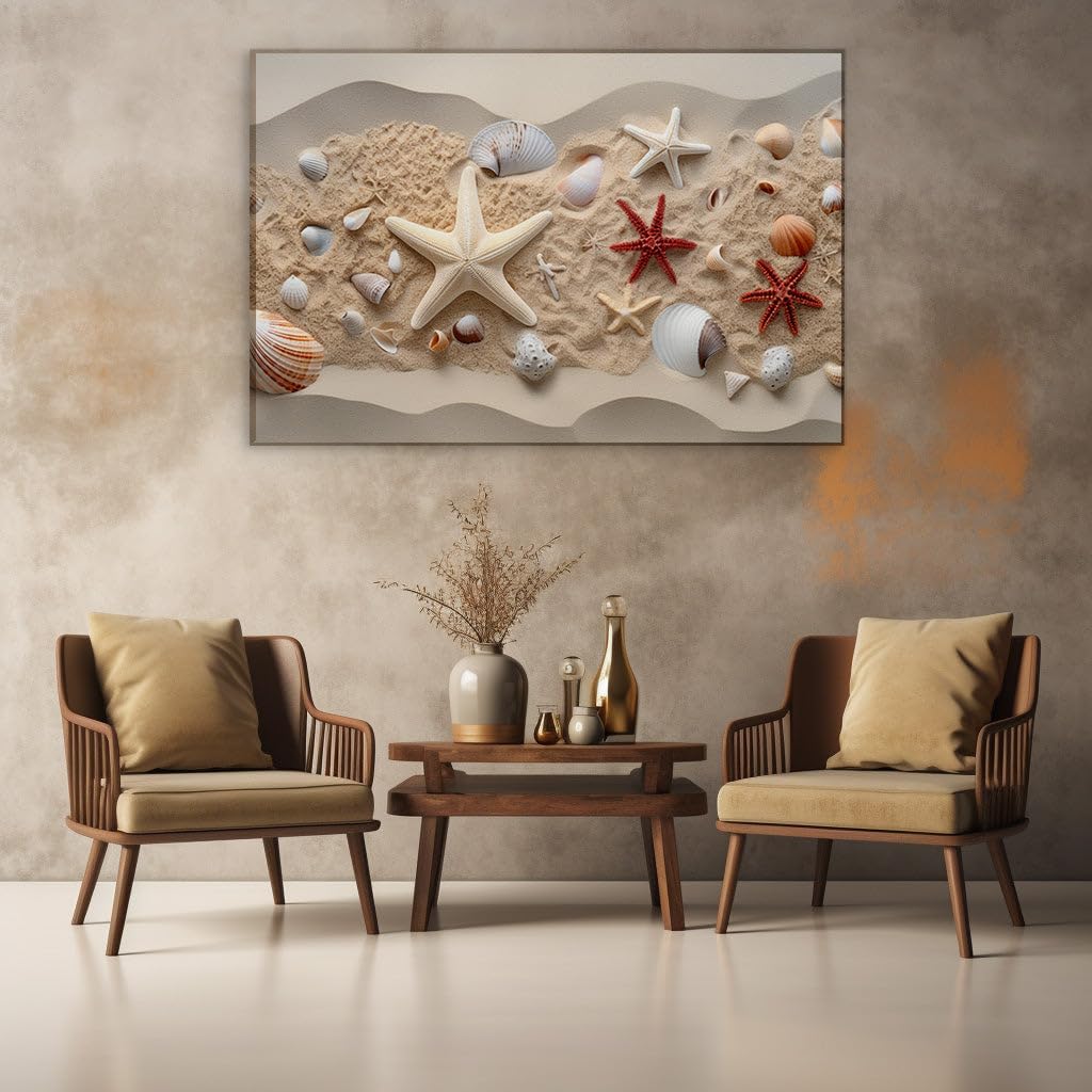 Canvas for Living room. Shells and Starfish Serenade: An Ode to the Tranquil Sands, 27 x 18 inch Canvas Wall Art - Great White Shark - Modern Home Decor