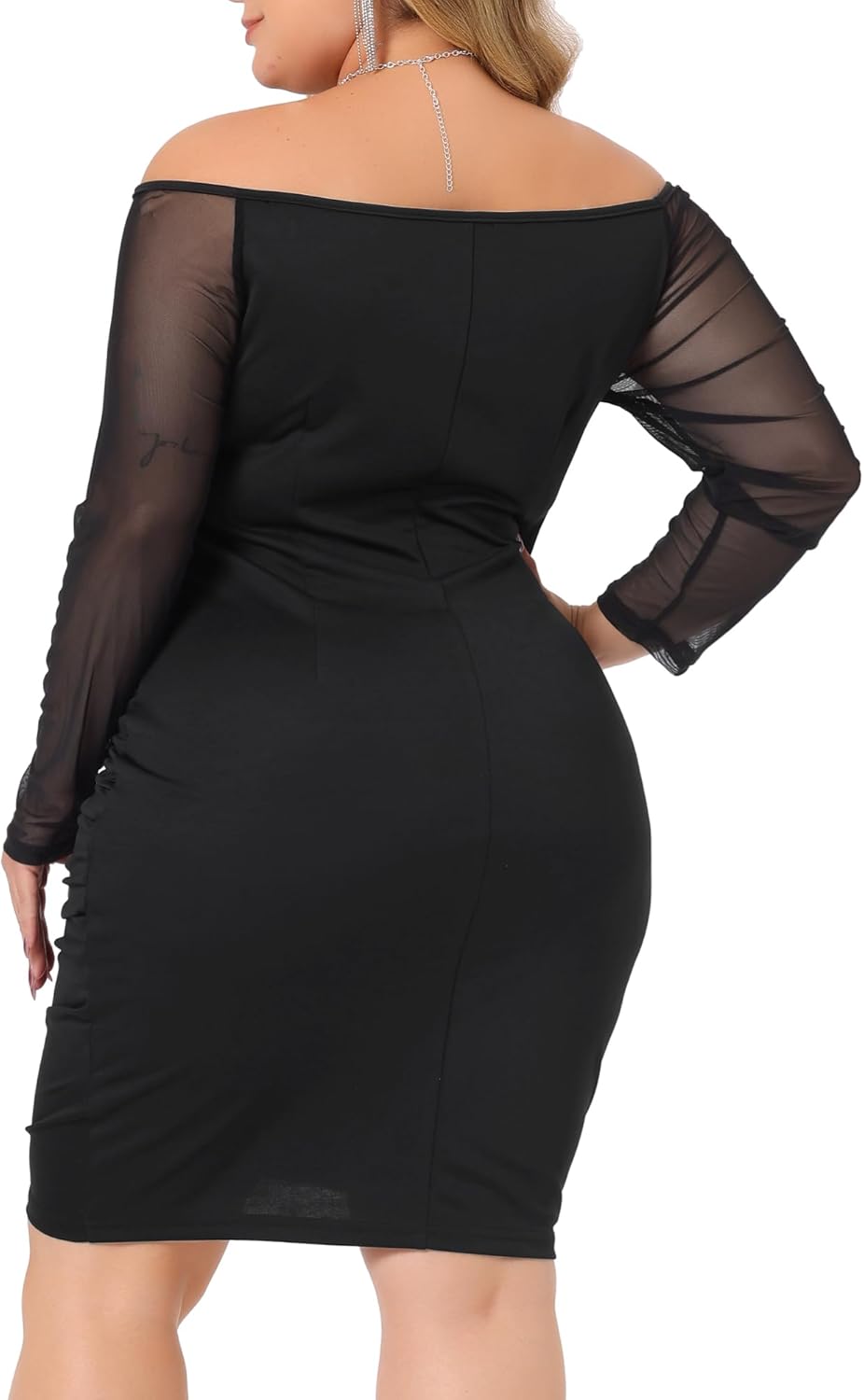 Agnes Orinda Plus Size Bodycon Dress for Women Sexy Elegant Off Shoulder Mesh Long Sleeve Ruched Party Cocktail Dress - Image 4