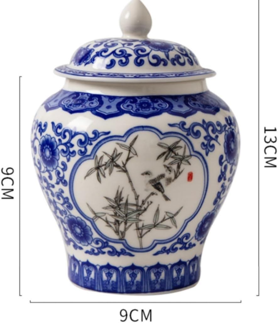 Food Storage Jar,Decorative Jar Ginger Jar Vase Decor Chinese Style Blue White Porcelain Decorative Ginger Jar Tea Storage Jar with Lid Floral Arrangement Ginger Jars Stora,a-9 * 13Cm