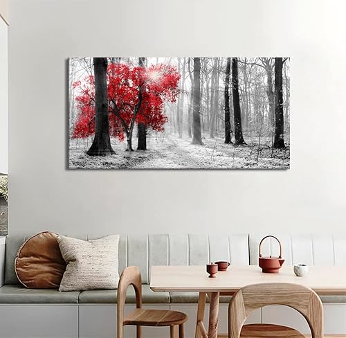 Miniatura 3 de Arte de pared grande para sala de estar, dormitorio, oficina, decoración de pared, bosque gris y rojo, amanecer, arte de pared, arte moderno y