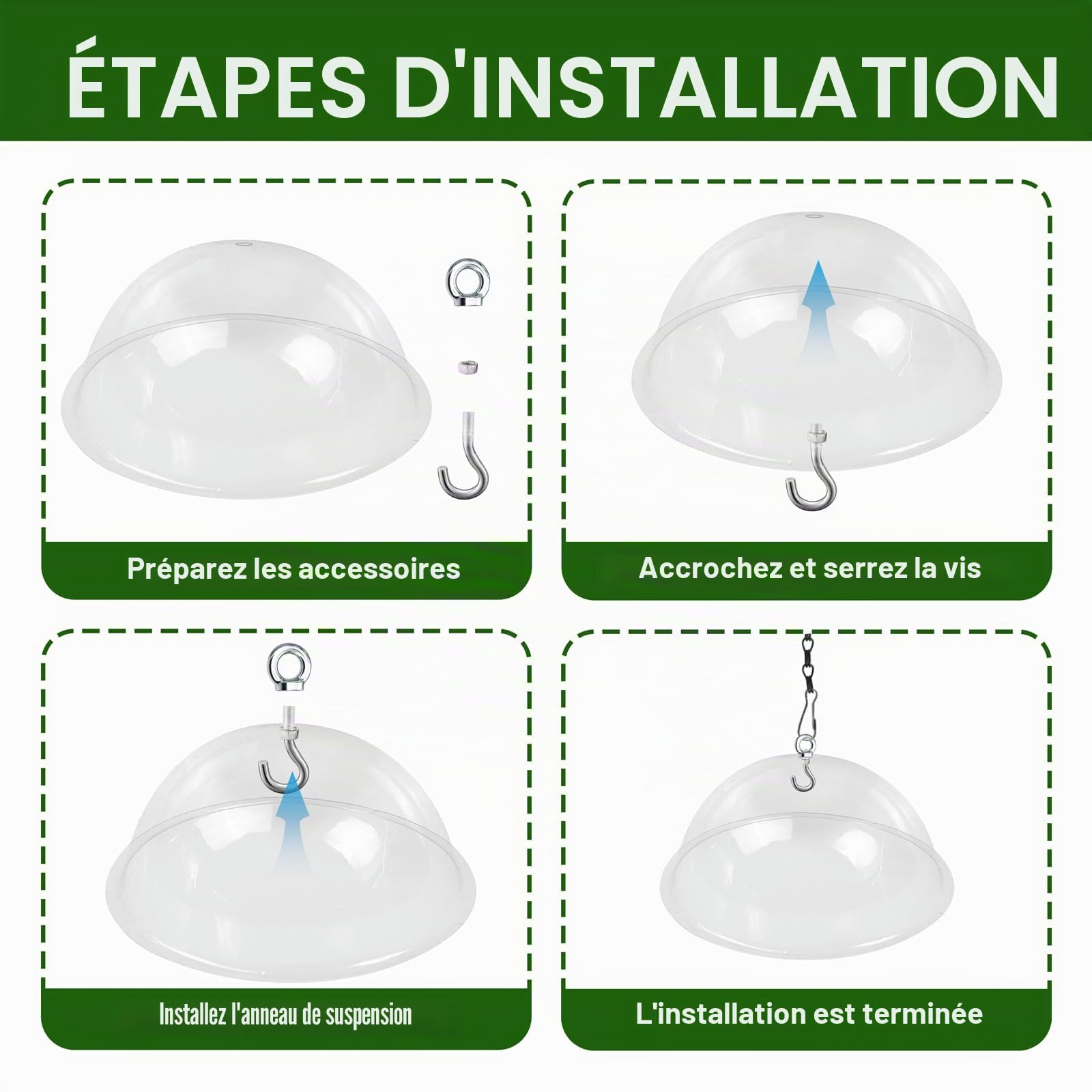 2 pièces Dôme de Protection Transparent pour Mangeoire à Oiseaux 30cm Housse de Protection Anti-écureuil avec des chaînes