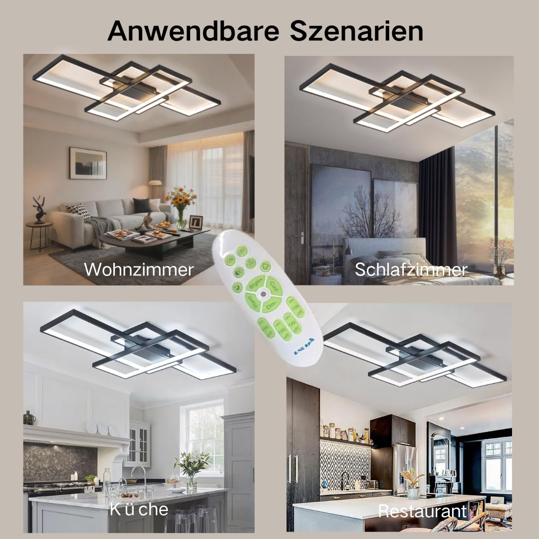 LED Deckenleuchte Modern Design Deckenlampe Wohnzimmer, 65W Dimmbar WohnzimmerLampe Decke Mit Fernbedienung, Rechteckig Deckenleuchte Schwarz Für Schlafzimmer Küche Wohnzimmer Beleuchtung, 80cm