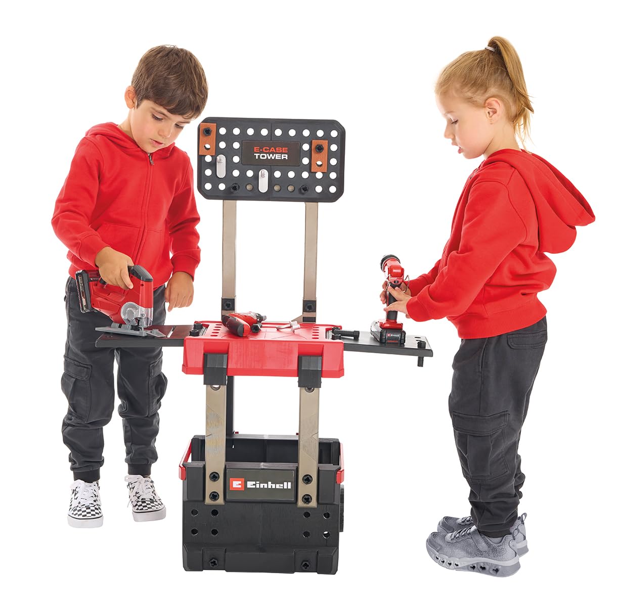 Einhell E-Case Werkbank 110-tlg., inkl. Mini-Schrauber, Stichsäge, Akku-Lampe und reichlich Zubehör, Größe ca. 70x33,5x95 (H) cm, Die erste transportfähige und mitwachsende Werkbank für Kinder. 3 Spie
