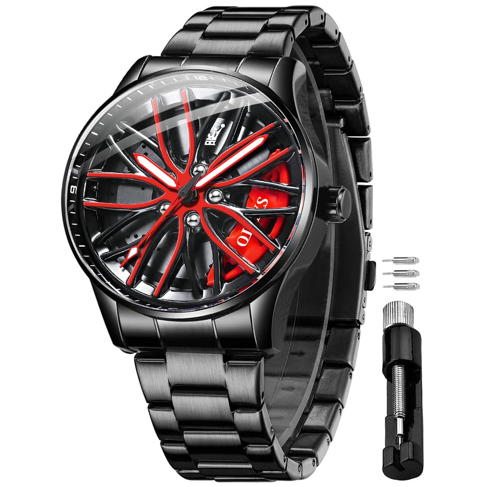 OLEVS Herrenuhren Skelettuhr Quarz Rennwagenrad Edelstahl Casual Sports Wasserdicht Leuchtend Herrenarmbanduhren