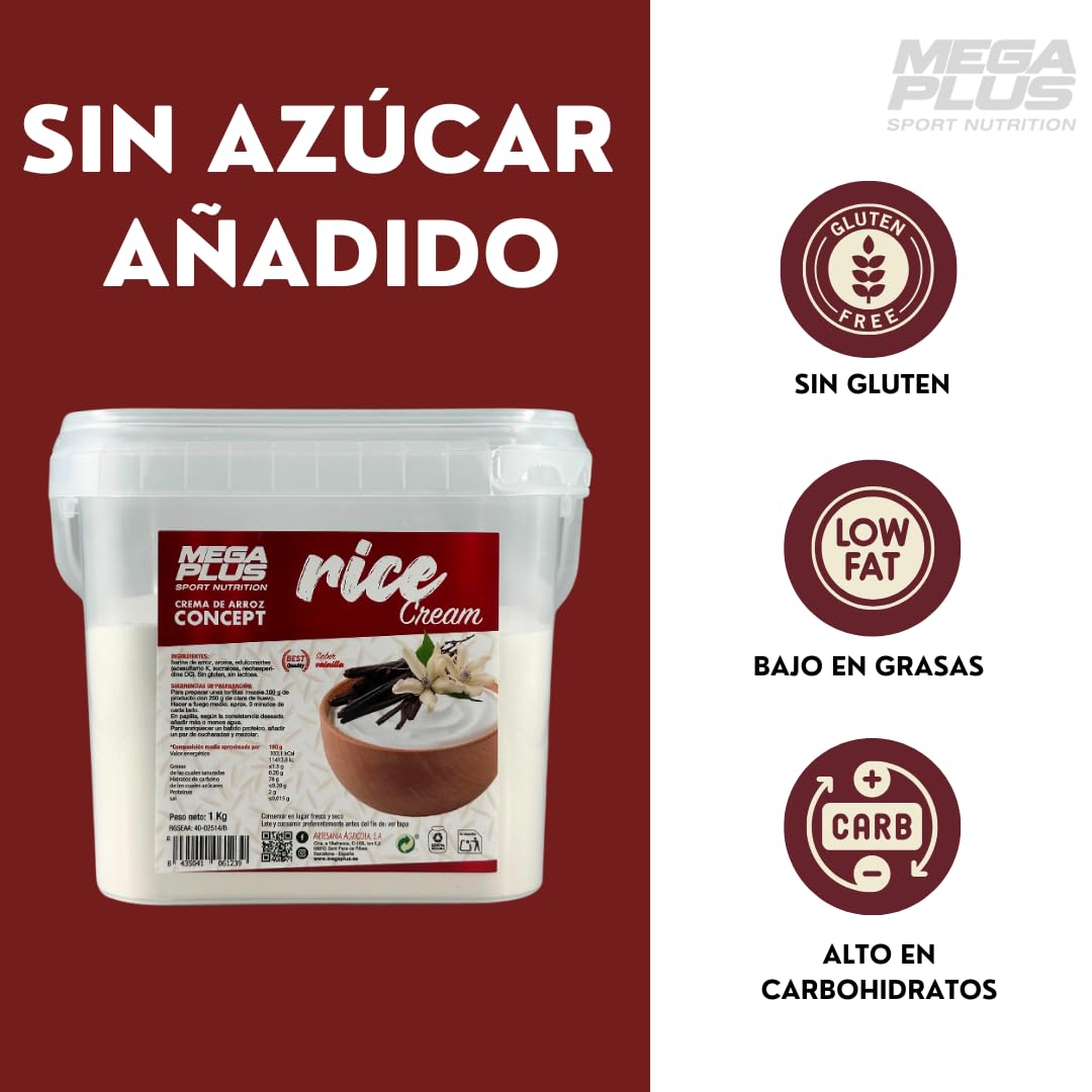 Crema de Arroz - Mega Plus Concept - Crema de arroz en polvo - Sin azúcares añadidos - alto en carbohidratos - Sin Gluten - Sin Lactosa- 1 kg (1 Kg, Vainilla) — view 3