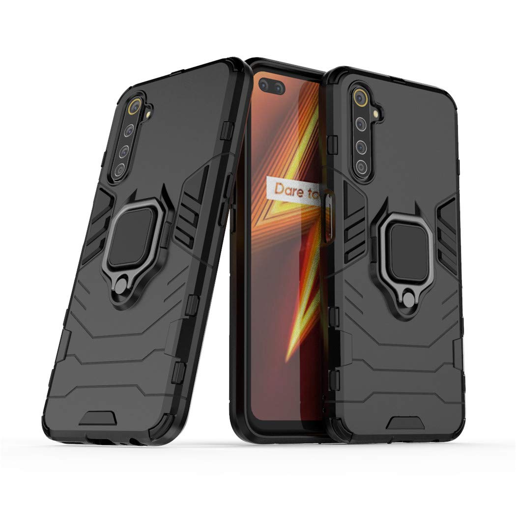 Compatible with Realme 6 Pro Case, Metal Ring Grip Kickstand Shockproof Hard Bumper (Works with Magnetic Car Mount) Dual Layer Rugged Cover for OPPO Realme6 Pro (Black)