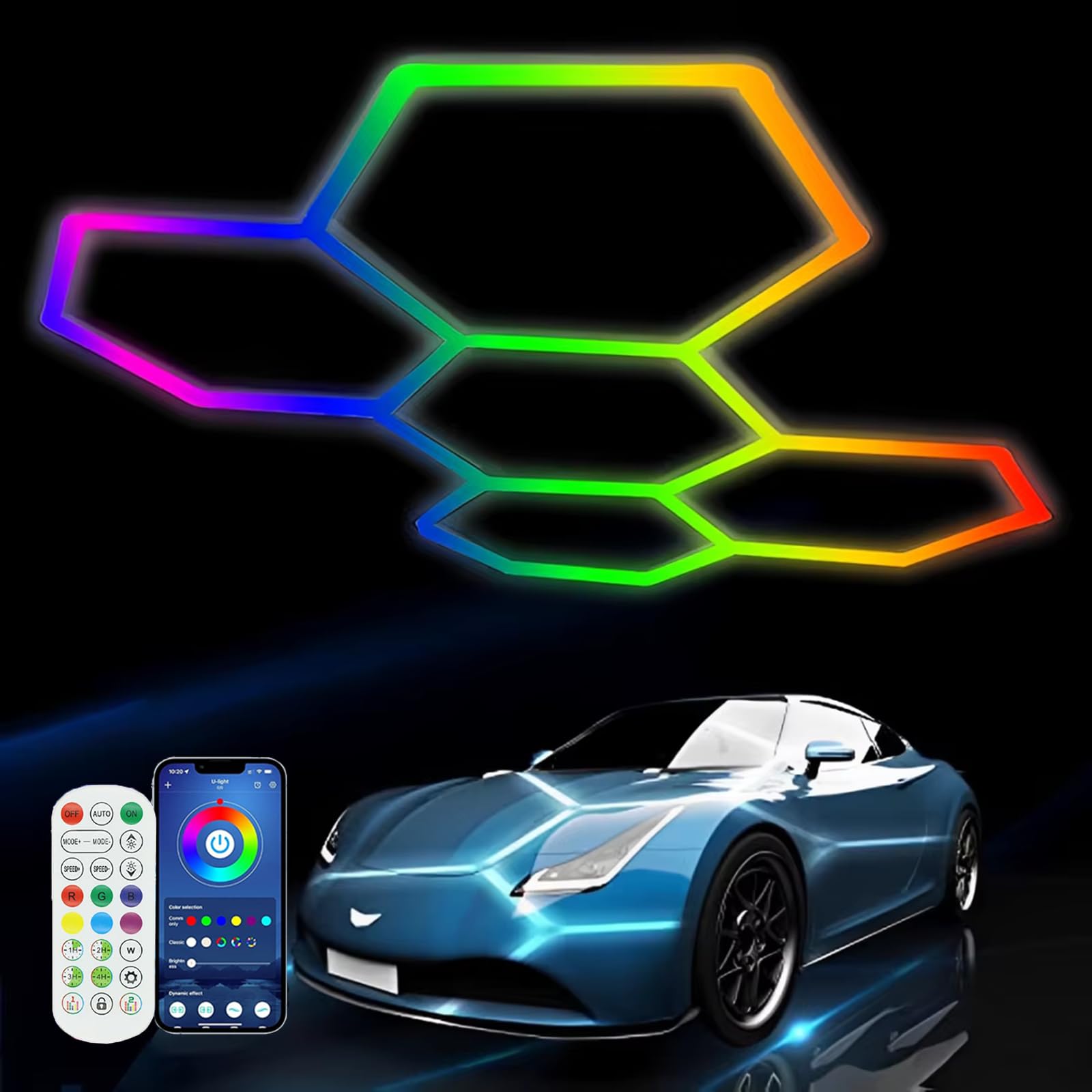hKjPlvf RGB Hexagon Garage Lights, RGB Hexagon Light with Music Mode, Hexagon Ceiling Lights APP Remote Control Dimmable Multi Color Modes Honeycomb Lamps for Basement Gym Bar Decor