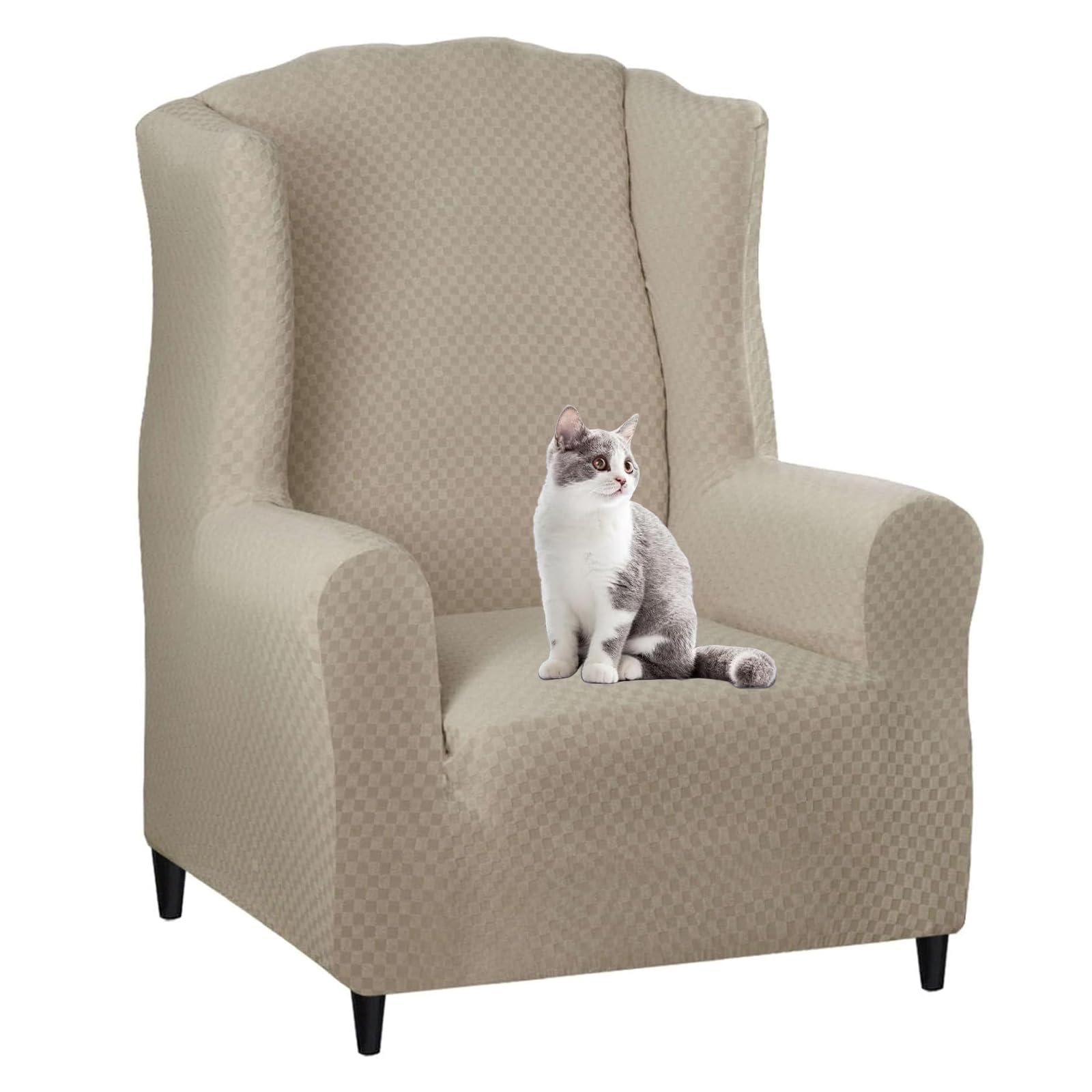 Funda elástica para sillón orejero en color caqui con base ajustable