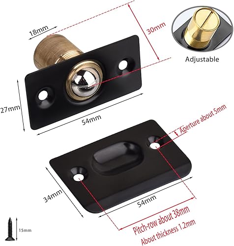 Miniatura 2 de Paquete de 2 pestillos de bola ajustables para puerta de armario, puerta de dormitorio, con rodamiento (negro)