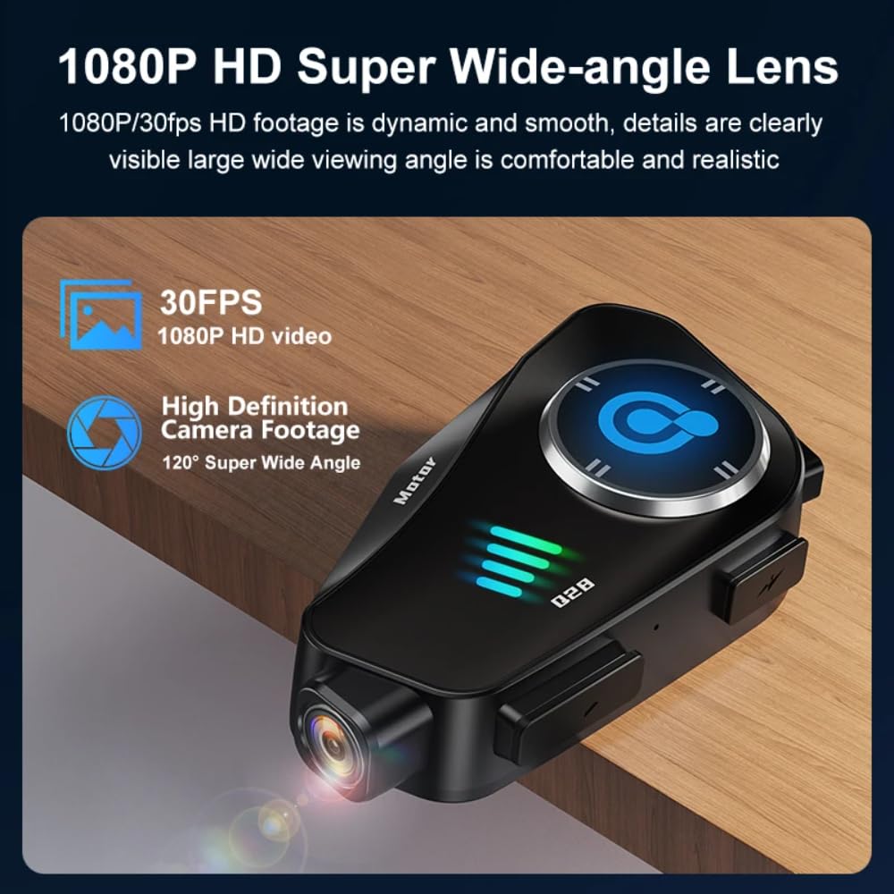 Telecamera per casco da moto con auricolare Bluetooth, registratore HD 1080P, grandangolo 120° per guida, sci, arrampicata