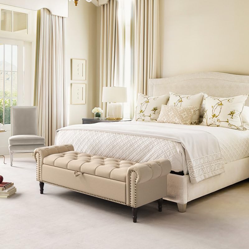 Image of 3-Seater Upholstered Ottoman Bench with Storage | Cream |62.4 x 20.1 x 20.7 Inch| Elegant Multi-Purpose with 6-Inch Wooden Legs for Living Room, Bedroom, Entryway