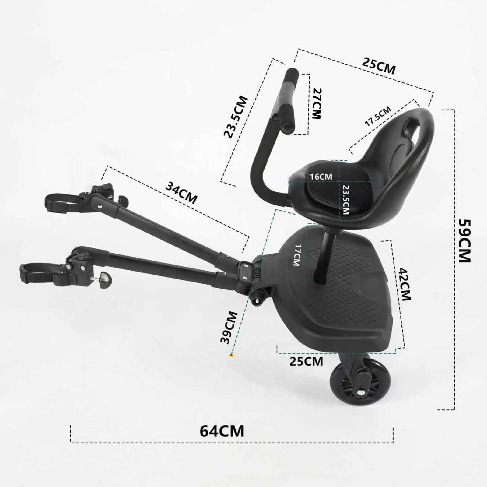 Patinete con Asiento Buggy Board para Silla de paseo, Patin Carro para Bebe Apto para el 99% de Todos los cochecitos, Tabla para Cochecito, Accesorio para Niños de 2 a 6 Años(2 en 1 Negro)