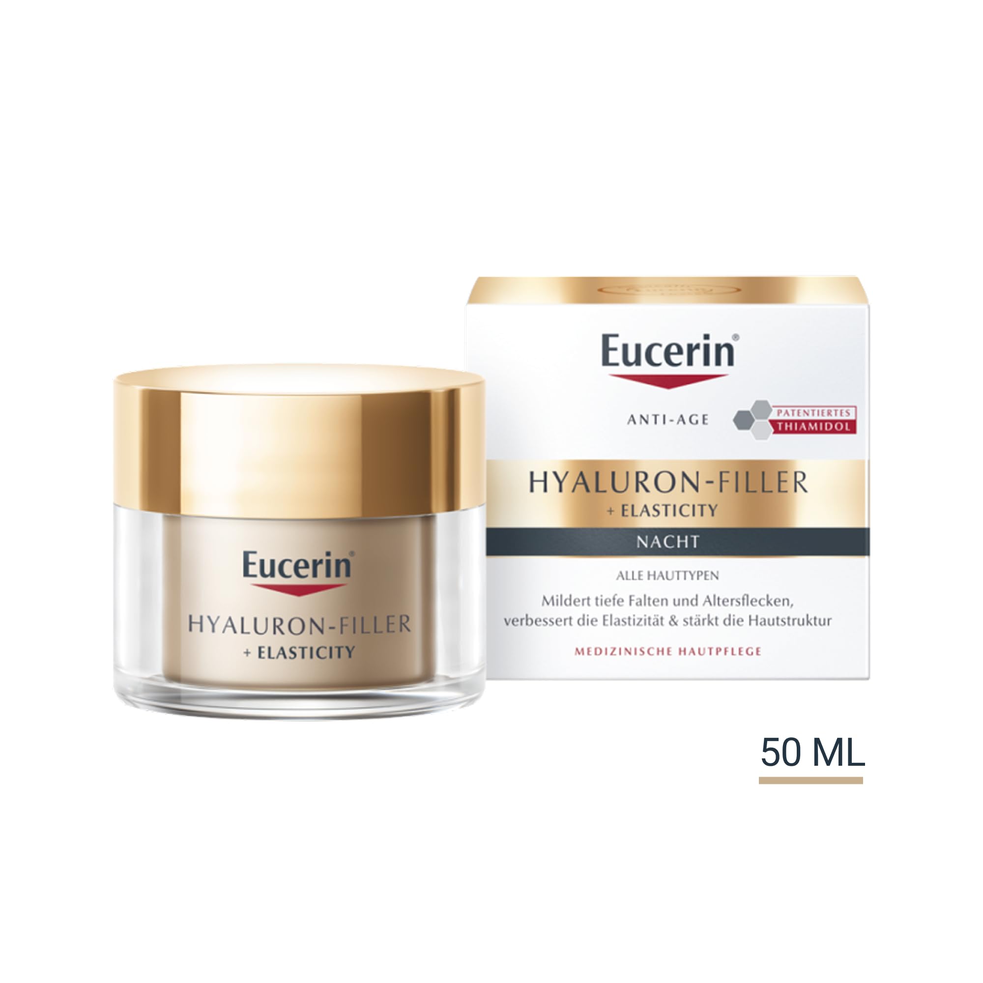 Eucerin Hyaluron-Filler + Elasticity Nachtpflege 50 ml, Gesichtscreme | Anti Aging Gesichtspflege fördert die Hautelastizität, Reduziert tiefe Falten & Pigmentflecken, Mit Hyaluronsäure & Thiamidol