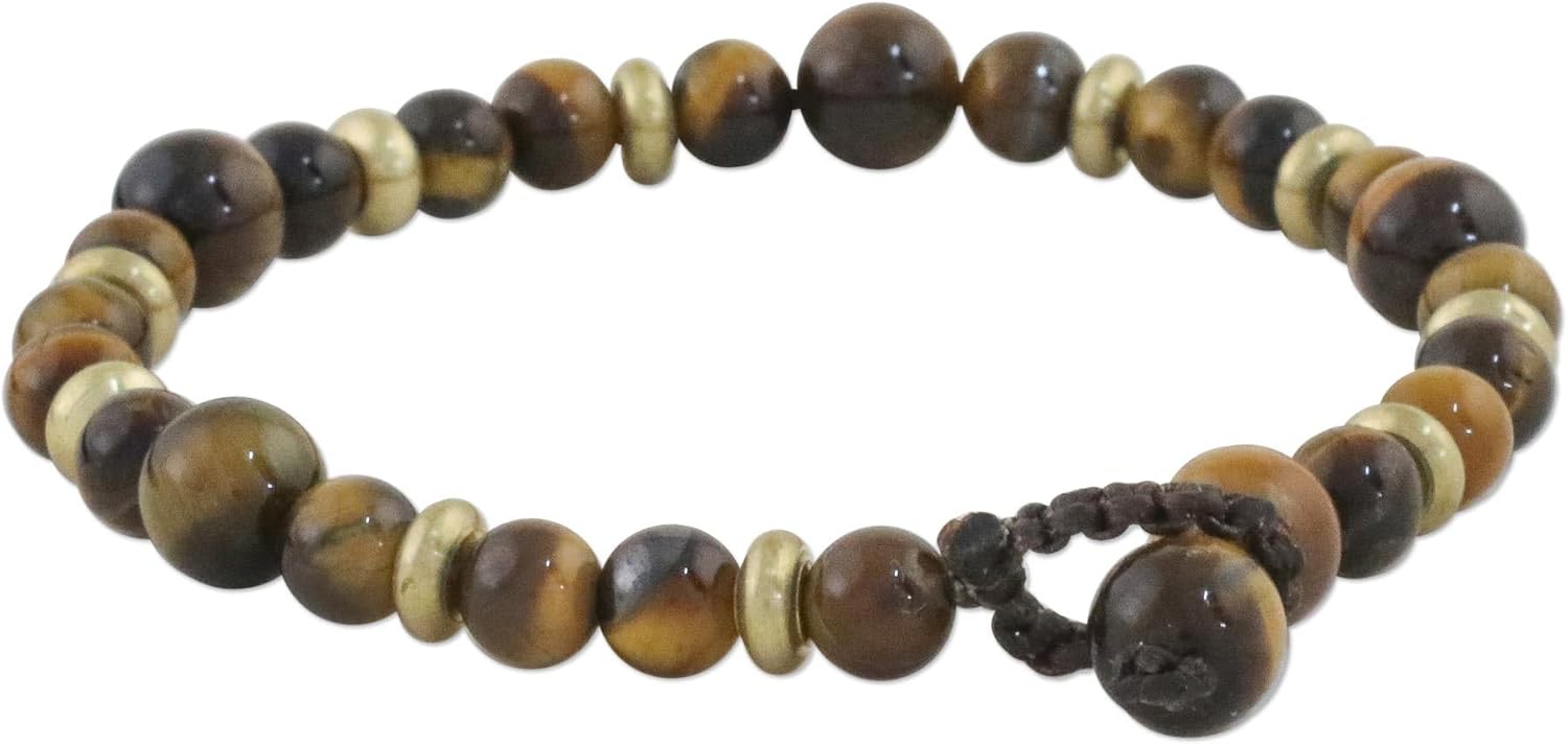 NOVICA Artisan Handmade Tigers Eye Beaded Bracelet Crafted of Brass Brown Or Gold Thailand [7.75 in min L x 8.25 in max L 8 mm W] ' Courageous Eye'