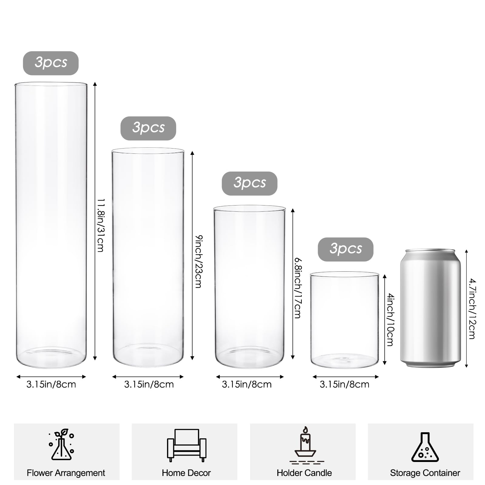 Amazon.com: CEWOR 12pcs Glass Cylinder Vase 4, 6.8, 9, 11.8 Inch