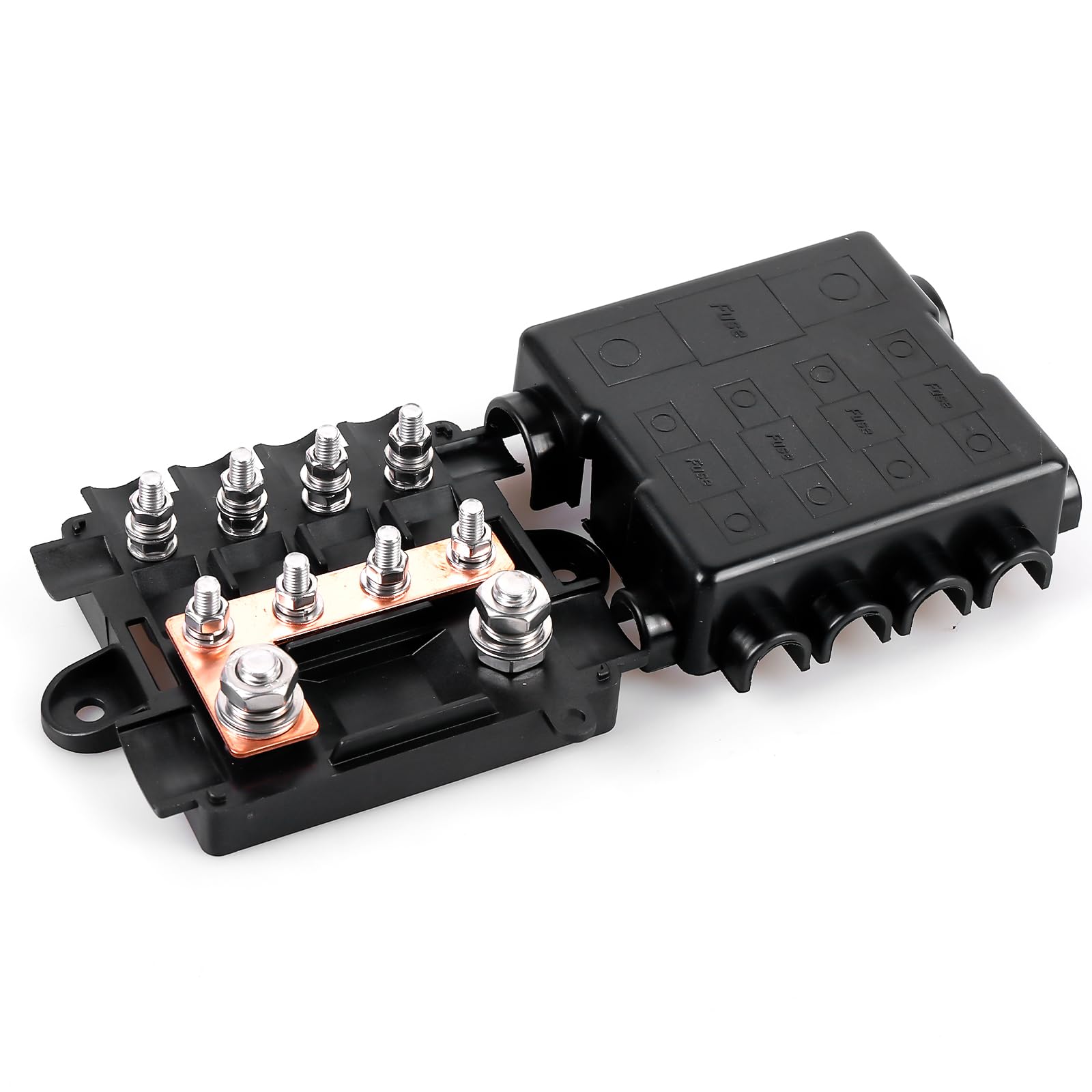 Fuse Holder for 1 x Mega + 4 x Midi Fuses, Compact Power Distribution Fuse Box with Polyamide Housing and Cover, Power Distribution Fuse, Car, Boat, SUV, Truck, Style B, Black