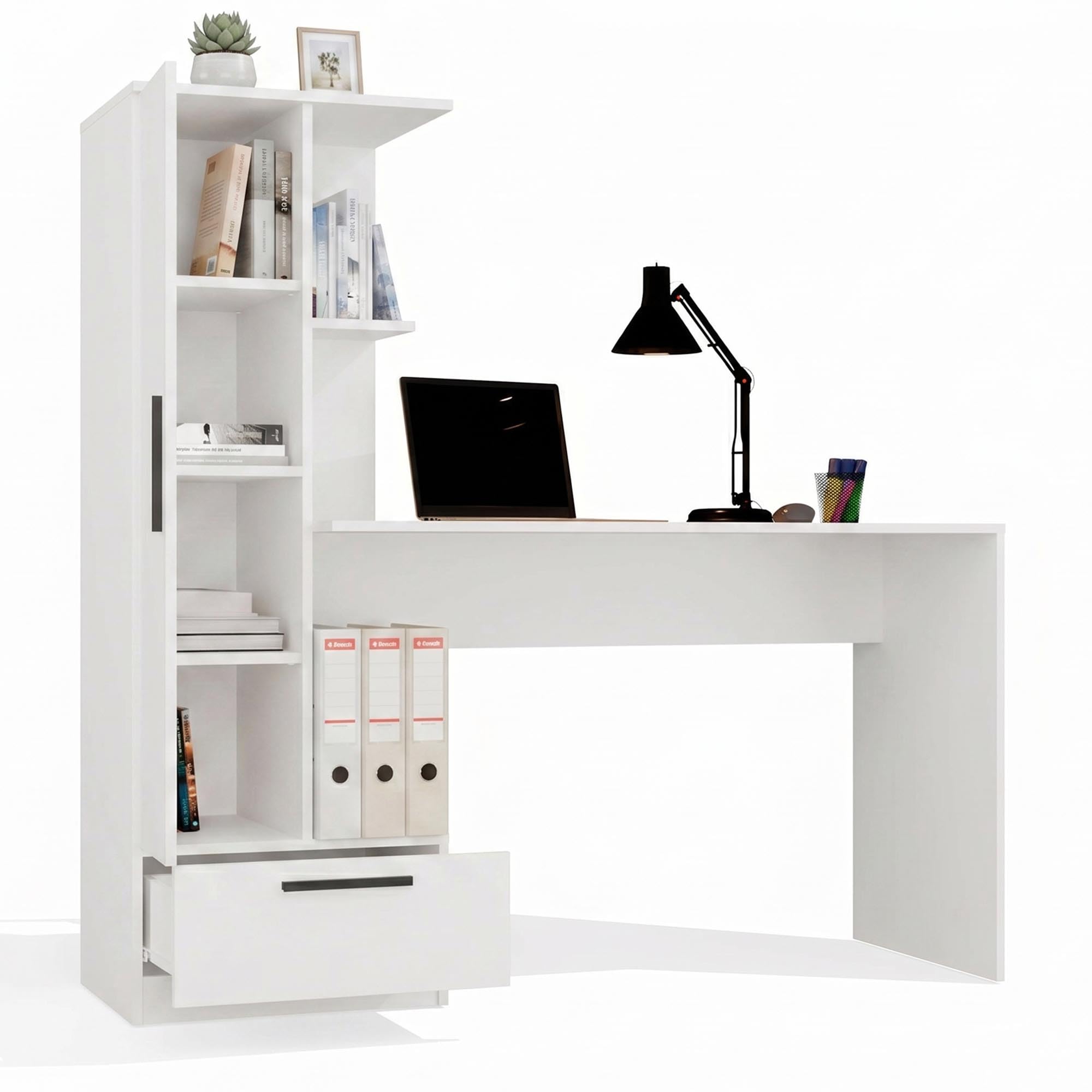 CDF Schreibtisch mit Regal Schublade 140cm 3 Einlegeböden Computertisch | Home Office Bürotisch Ergonomisch Arbeitstisch Jugendzimmer Schlafzimmer Kinderzimmer Rollschienen Weiß Spanplatte