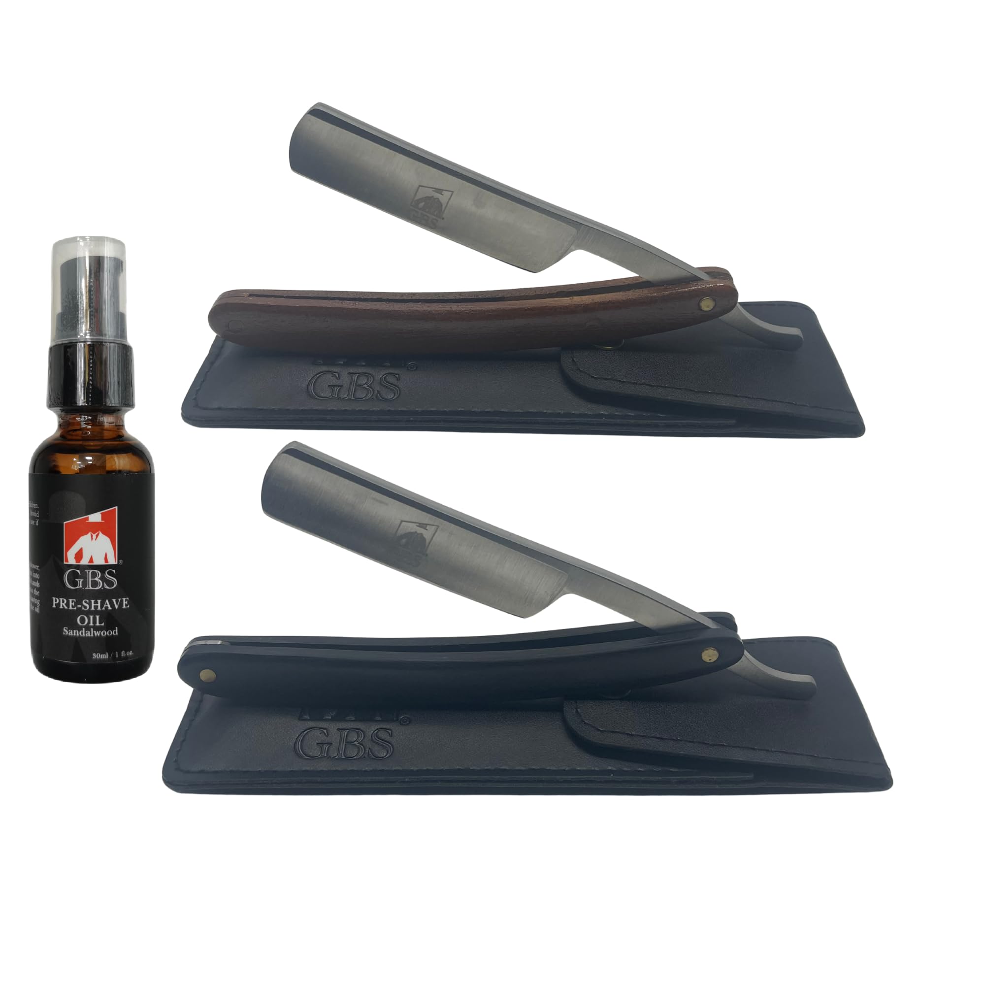 GENTS Straight Razor Shaving Set – 2 Stainless Steel Straight Edge Razors with Leather Cases (Black Wood & Hardwood) + Sandalwood Pre-Shave Oil, Professional Barber Kit for Men