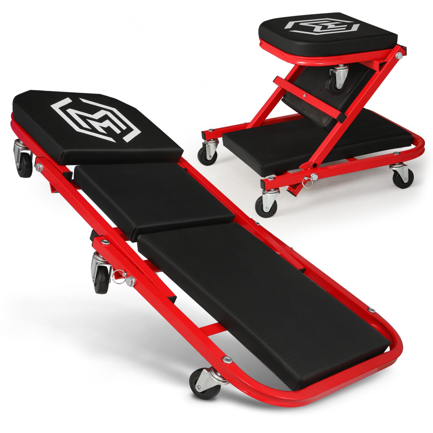 Magshion 36" Triplex Folding Creeper 2-in-1 Garage Folding Creeper and Seat, Low Profile Mechanic Creeper with 6 Caster Wheels - 330 lbs Capacity (Red)