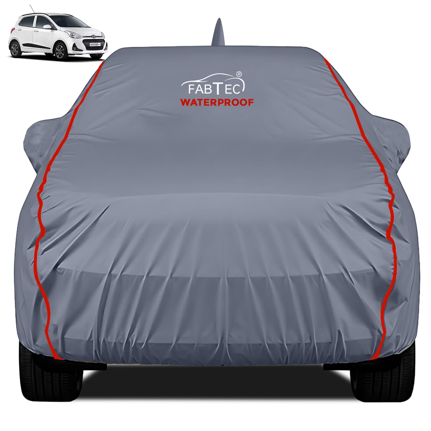 FABTEC Waterproof Car Cover for Hyundai Grand i10 with Mirror and Antenna Pocket Heavy Duty Durable Peva Grey with Red Piping