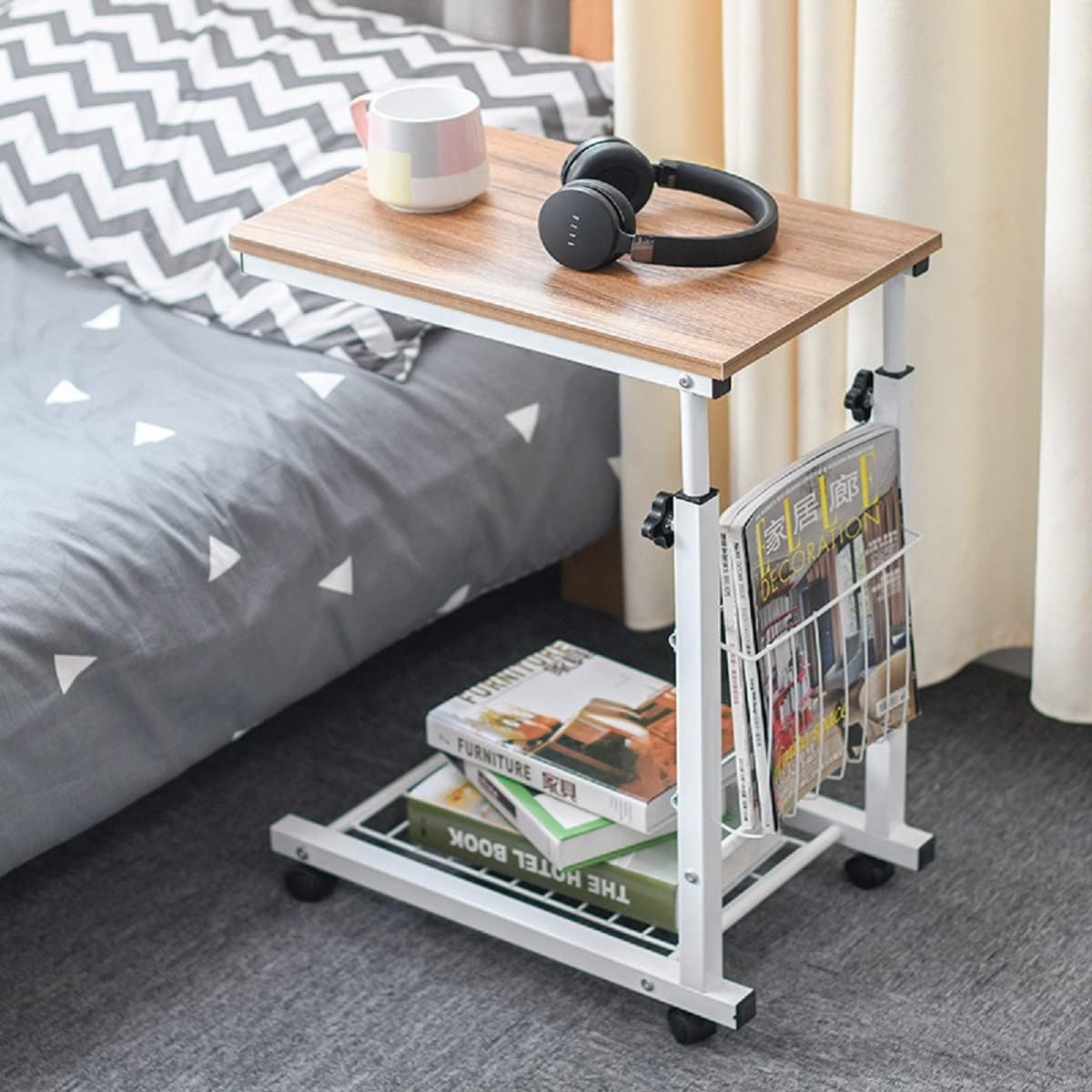 Sofatisch C-förmiger Beistelltisch, rollender Couch-Beistelltisch, höhenverstellbar, mit Ablagefläche, Metallrahmen, tragbarer Laptop-Tisch, kleiner Snack-Tisch für Sofa Schlafzimmer Kaffeetisch