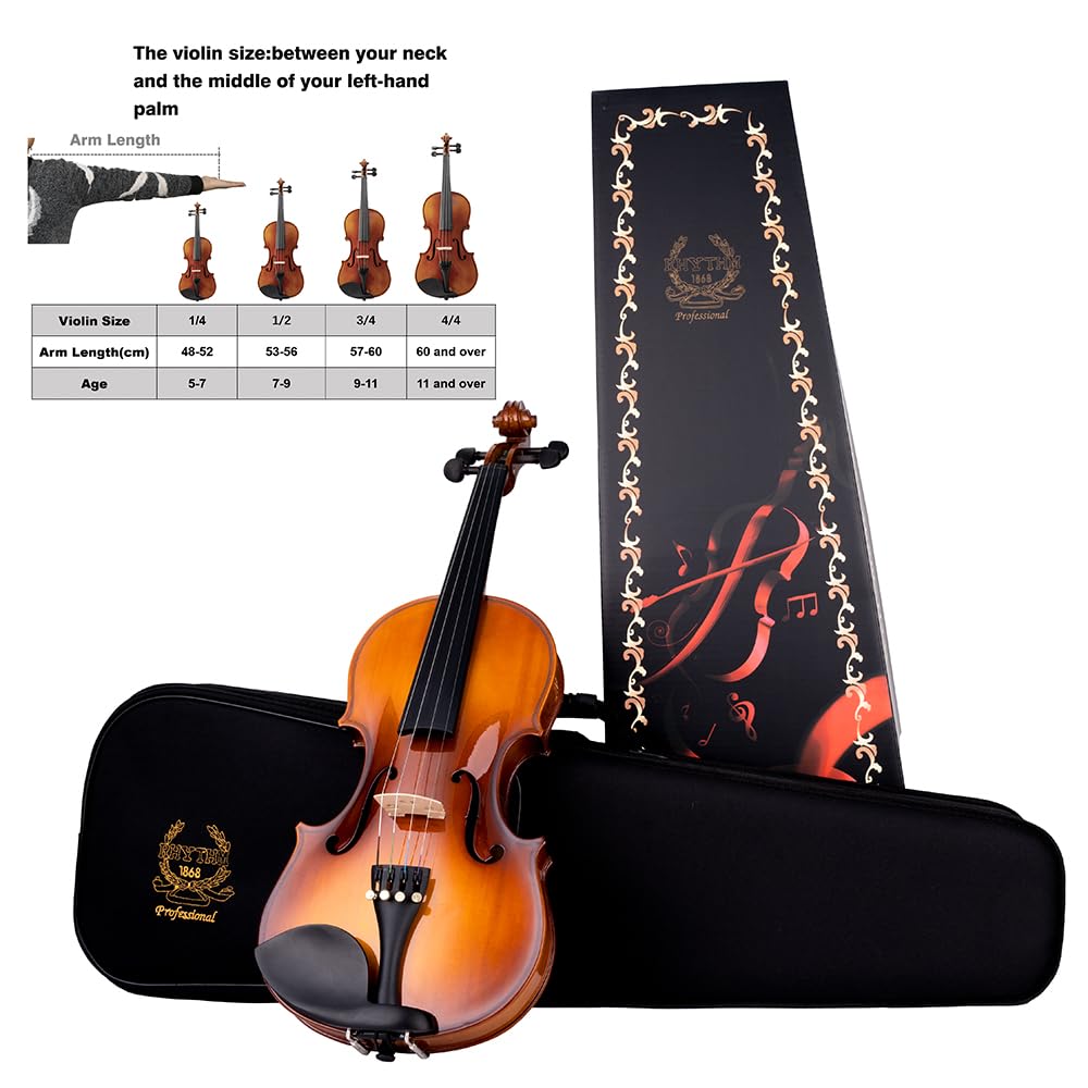 Rhythm 1/2 Violine Set halbe Größe für Anfänger mit Hartschalenkoffer, Kolophonium, Schulterstütze, Bogen und extra Saiten