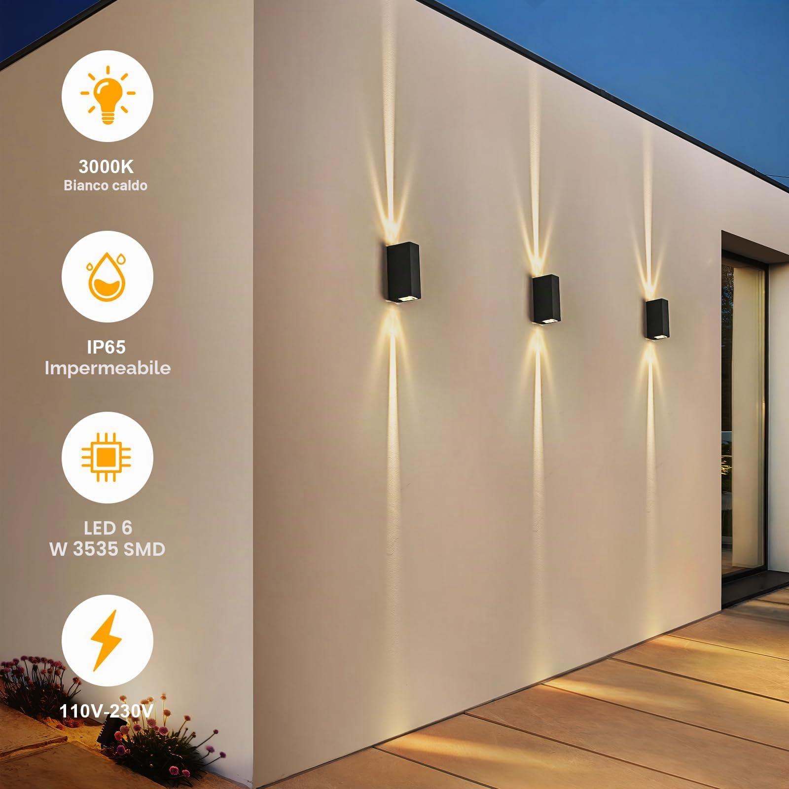 Applique da Parete Esterno LED 6W, Lampada Applique da Parete Interno Moderno IP65 Impermeabile, Applique Muro Bianco Caldo 3000K Luce Up Down Alluminio per Terrazza Corridoio, Nero 2PCS