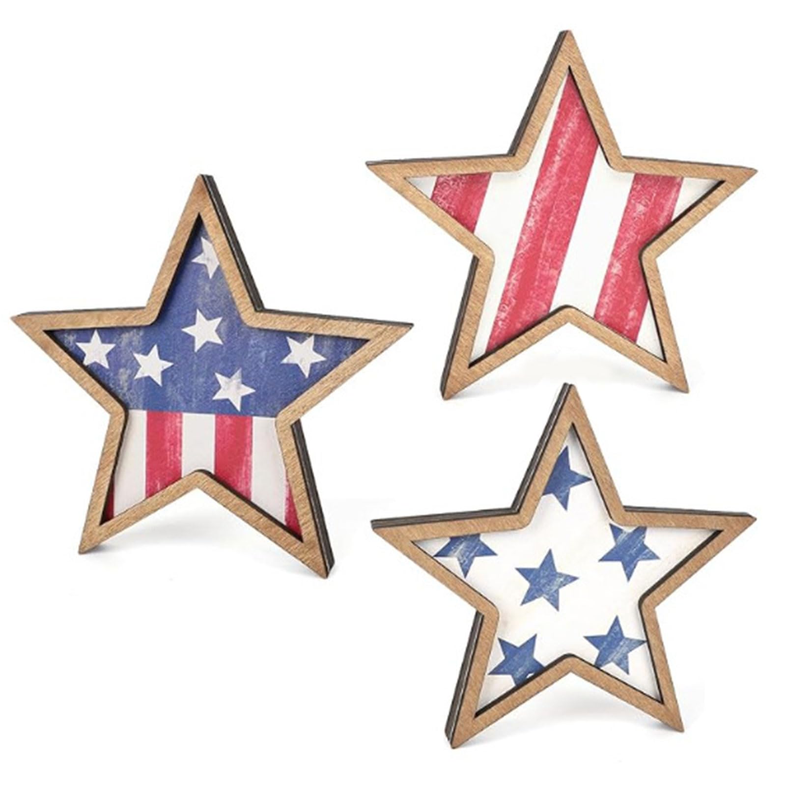 ZEPFJHE Handcrafted Wooden Flag Star Ornaments 3Pcs Set for July Fourth Holiday Decorations and Seasonal Rural Wooden Glowing