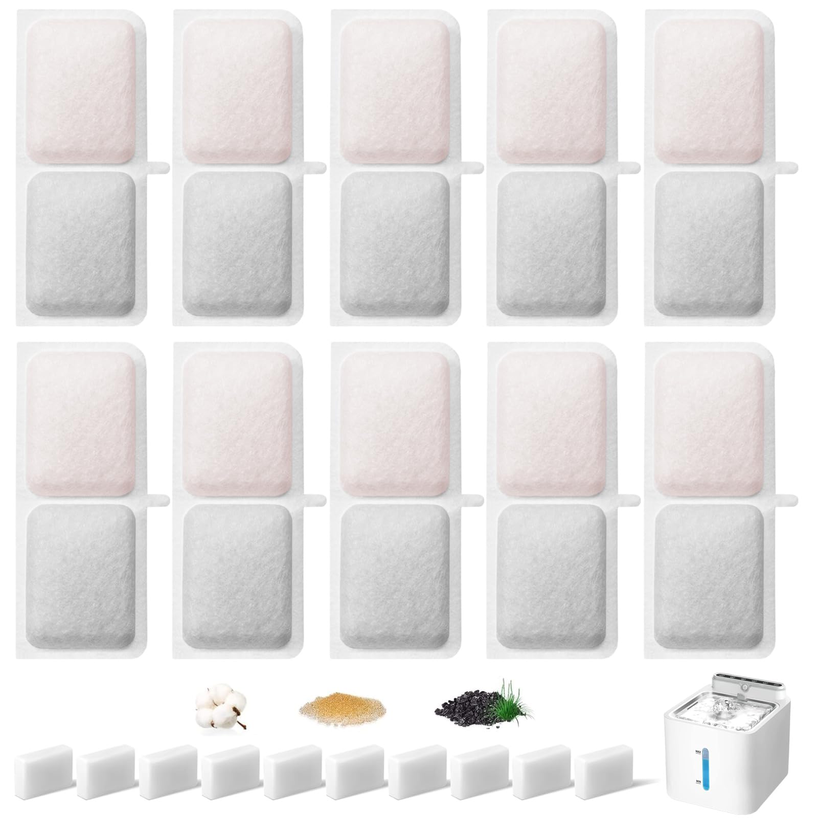 Hantoc 20 Piezas Filtros Fuente Gatos, 10 filtros de carbón y 10 esponjas de Espuma para 3,2L Fuente de Agua para Gatos a Pilas P08 Filtros Fuente con Resina y Carbón Activo para Fuentes de Flores