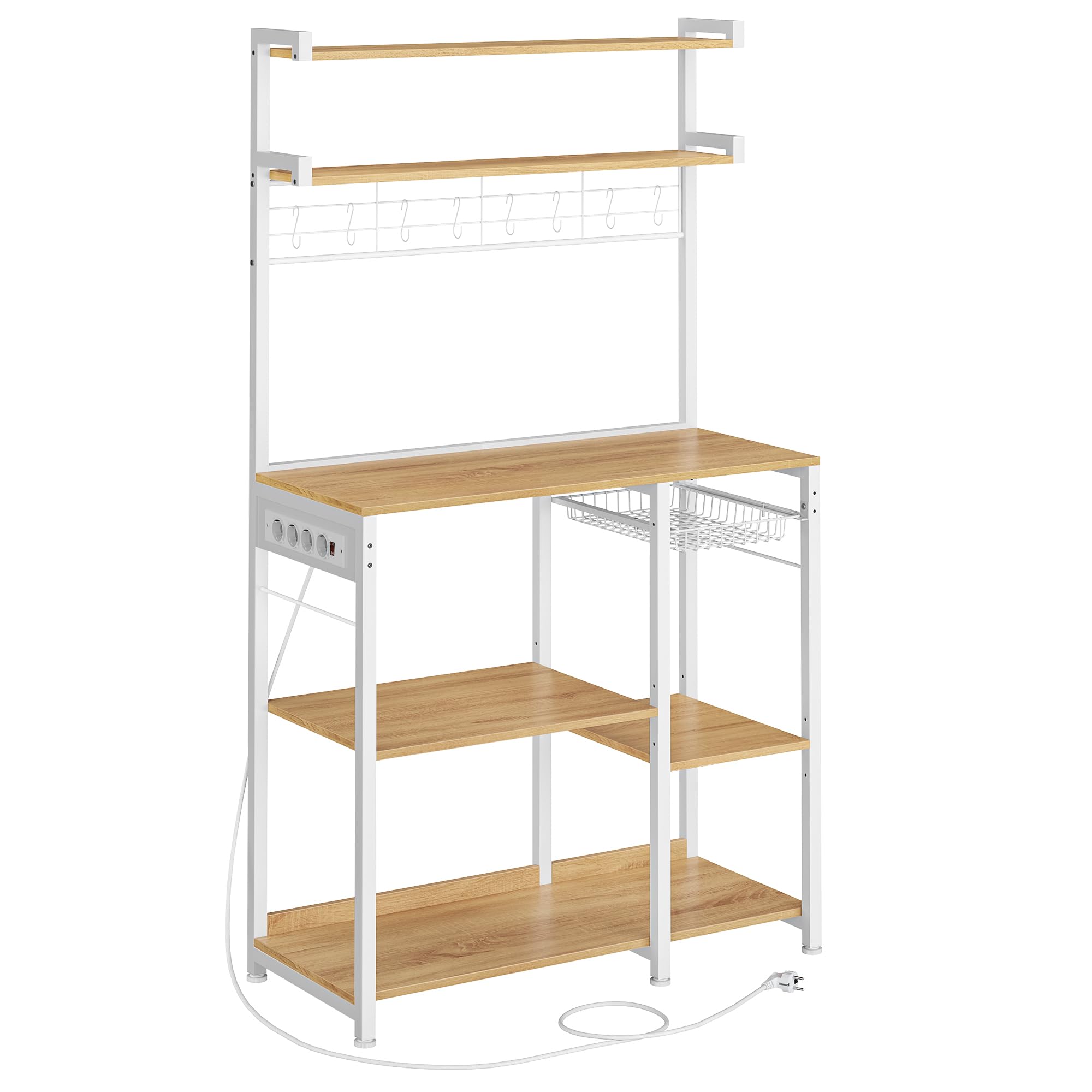 VASAGLE Estantería de Panadería con Toma Corriente, Soporte para Microondas, Barra Café, 4 Tomas CA, con Estantes Ajustables, 8 Ganchos en S, Cesta, Especiero, Roble Dorado y Blanco Nube KKS031Y19