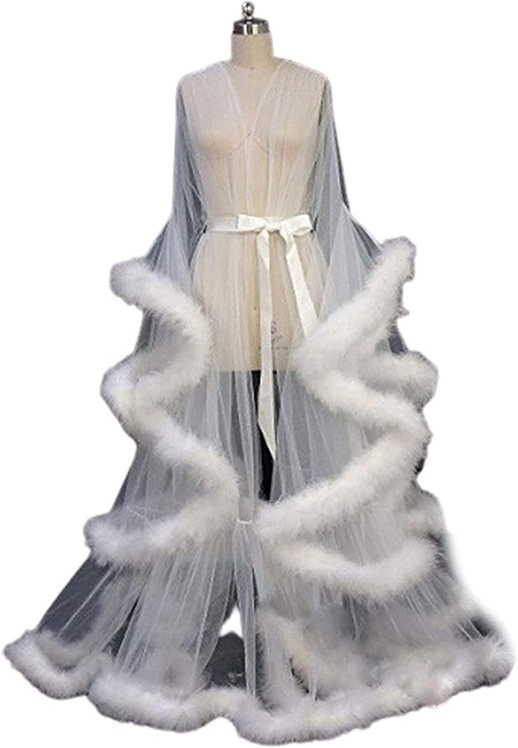 Women Plus Size Lingerie Robe See-Through Sexy Feather Robe Mesh Sheer Lace Nightwear,Pink,One Size