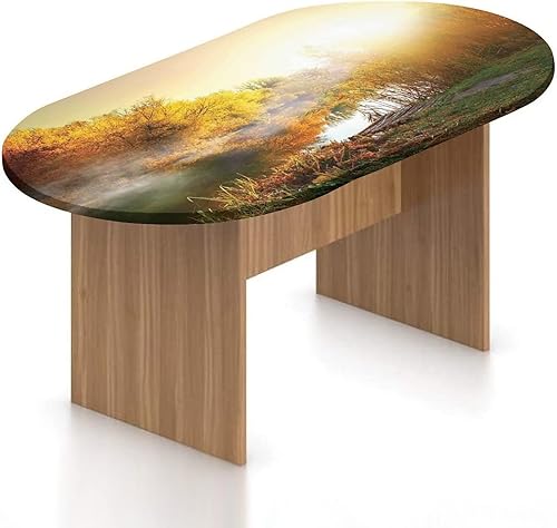 Mantel ovalado ajustable, mantel de poliéster con bordes elásticos de paisaje, diseño de amanecer brumoso sobre niebla de río, otoño, se adapta a