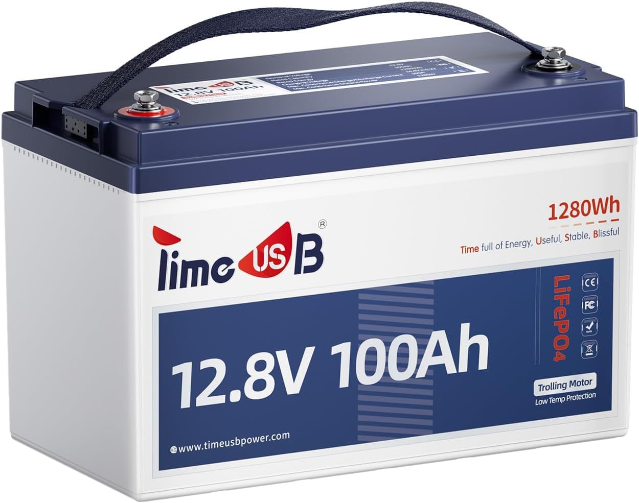 Timeusb 12V 100Ah TM Batteria al Litio con Protezione dalle Basse Temperature,1280Wh con 100A BMS,15000 Cicli Profondi,IP65 Batteria LiFePO4 per Motori Trolling,Yacht,Barche,Camper,Energia Domestica