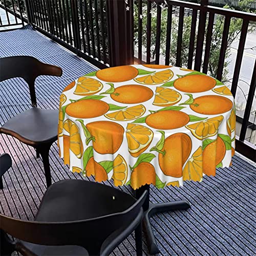 Summer Orange Theme Round Tablecloth, 48 In, Waterproof Fabric, Durable Reusable Table Clothes, Wipeable Spill Proof Wrinkle Resistant For Kitchen Wedding Camping Birthday, White Orange And Lime Green #TOP4