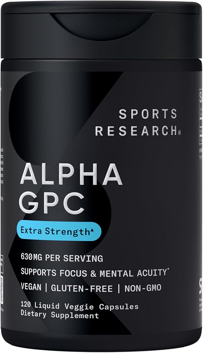 Sports Research® Alpha GPC 630mg, 120 Liquid Capsules | Bioavailable Source of Choline | Focus & Cognitive Support | Vegan Certified, Non-GMO, Gluten Free - 60 Servings