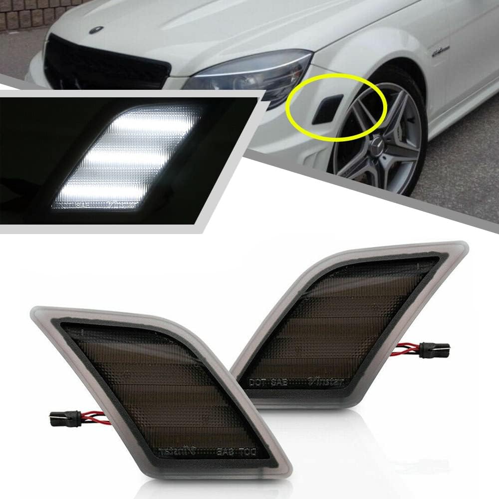 2Pcs Smoked Lens White LED Front Bumper Side Marker Lights For Mercedes Benz W204 C300 C350 C63AMG 2008-2011