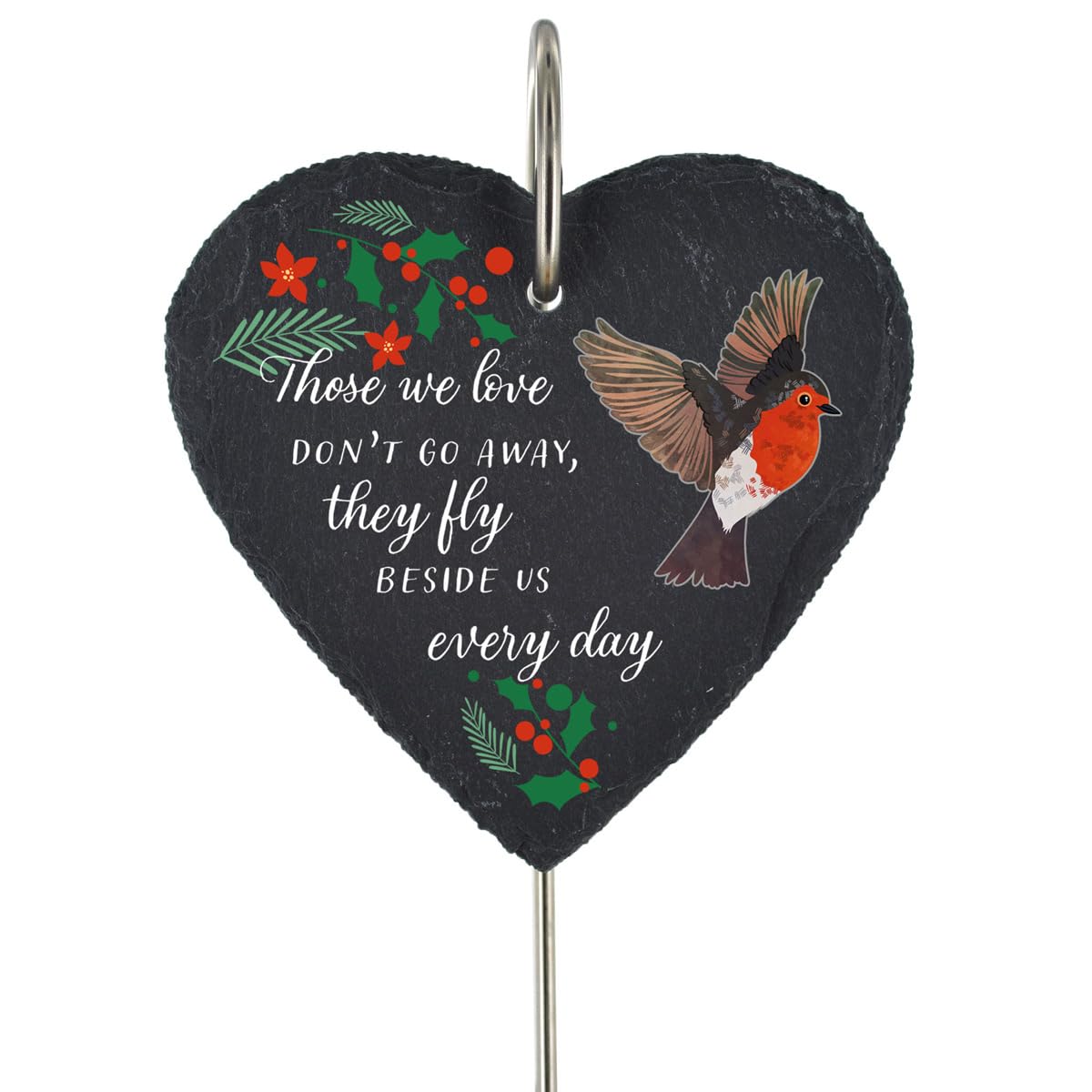 Global Designs Christmas Robin Grave Stick Marker Plaque Ornament Slate Heart Holly & Robin Sentimental Tribute Graveside Decor 25x11cm