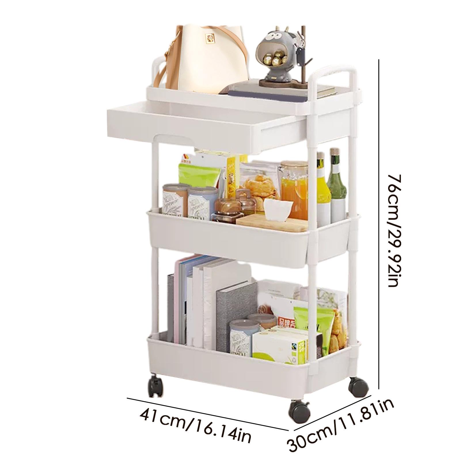 Carrito utilitario de 3 niveles, carrito de almacenamiento con | cajones, carrito de almacenamiento portátil rodante, carrito utilitario compacto multiusos para cocina, dormitorio, sala de e